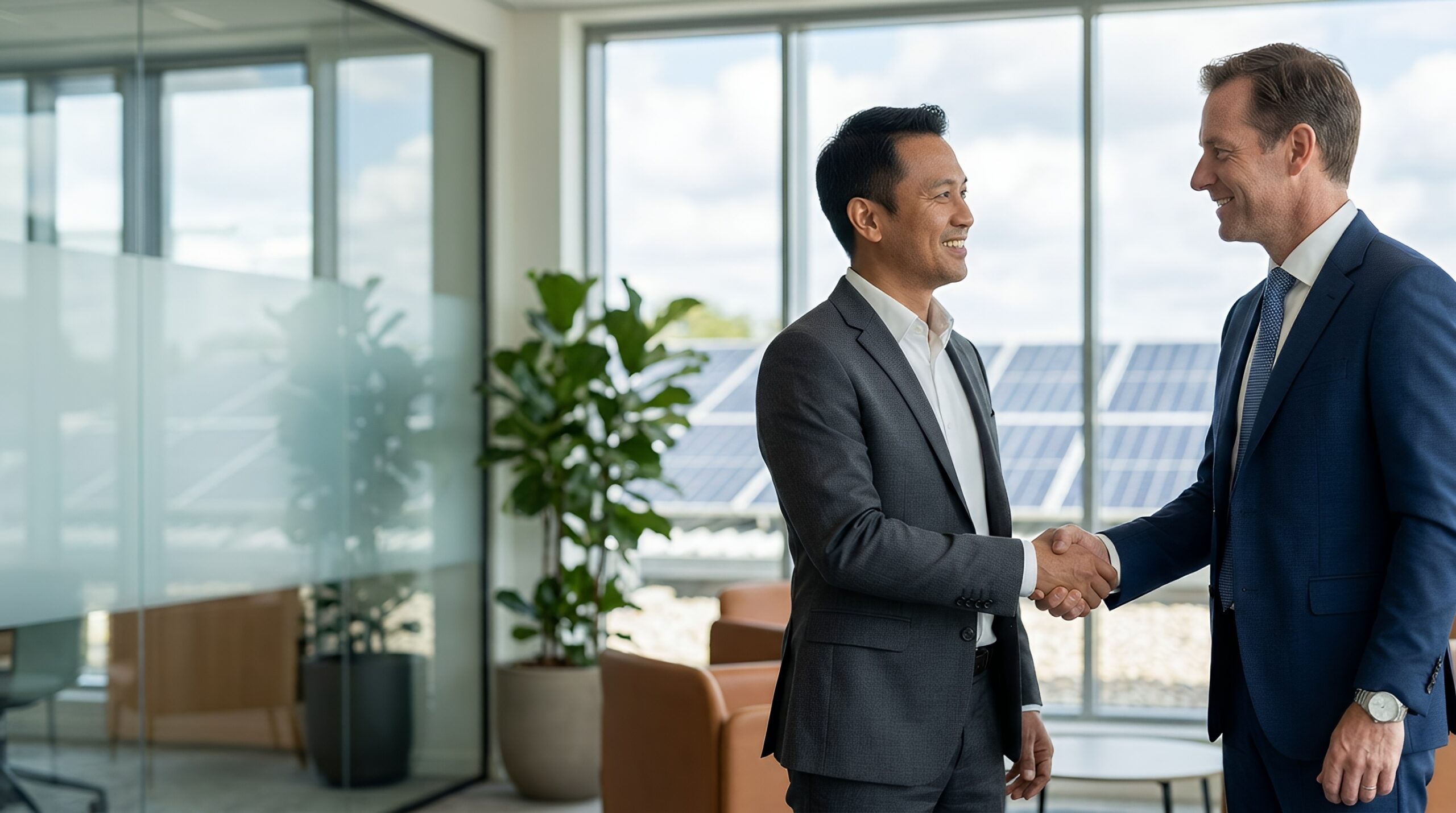 Two professional businessmen shaking hands in a modern office with solar panels in the background.